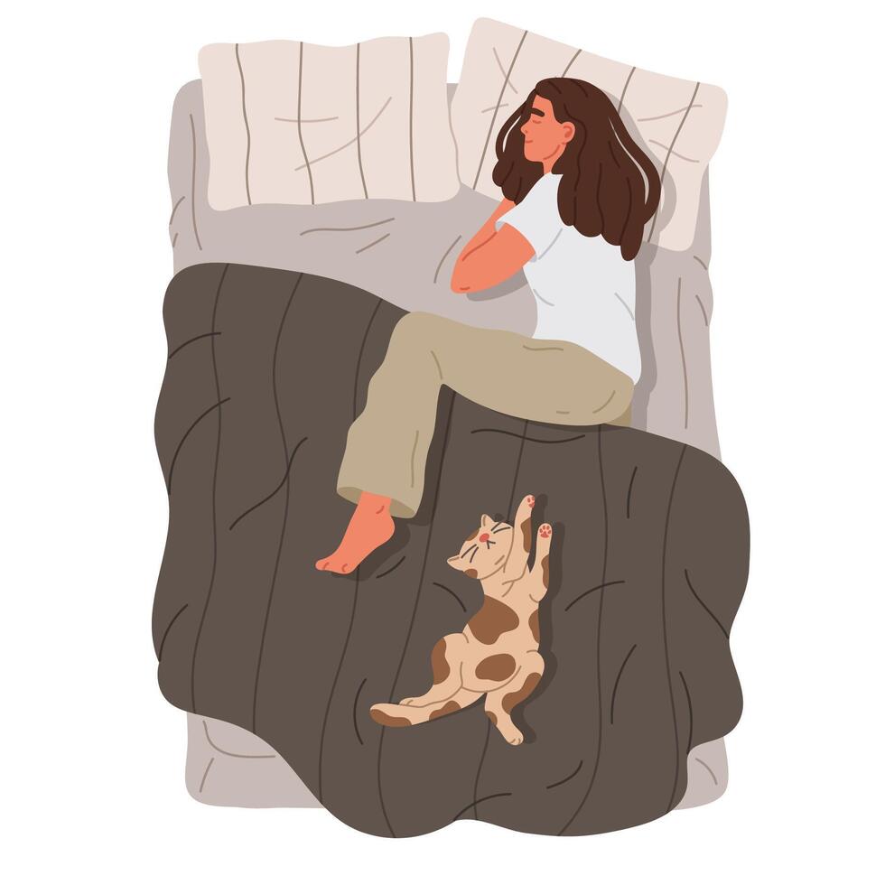 addormentato donna. femmina personaggio riposo nel letto con carino gatto, ragazza e sua animale domestico rilassante sotto coperta piatto vettore illustrazione. mano disegnato addormentato persona