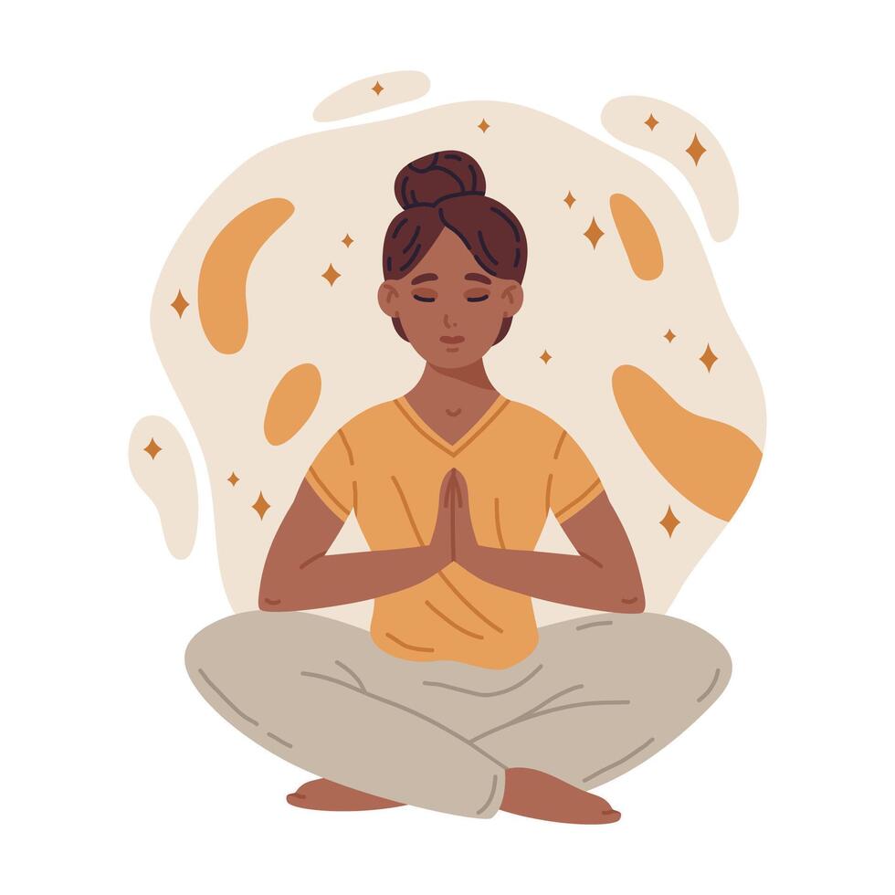 Meditare tranquillo donna. meditazione e respiro esercizio, donna Meditare nel yoga loto posa, benessere e la tranquillità piatto vettore illustrazione. Meditare femmina personaggio