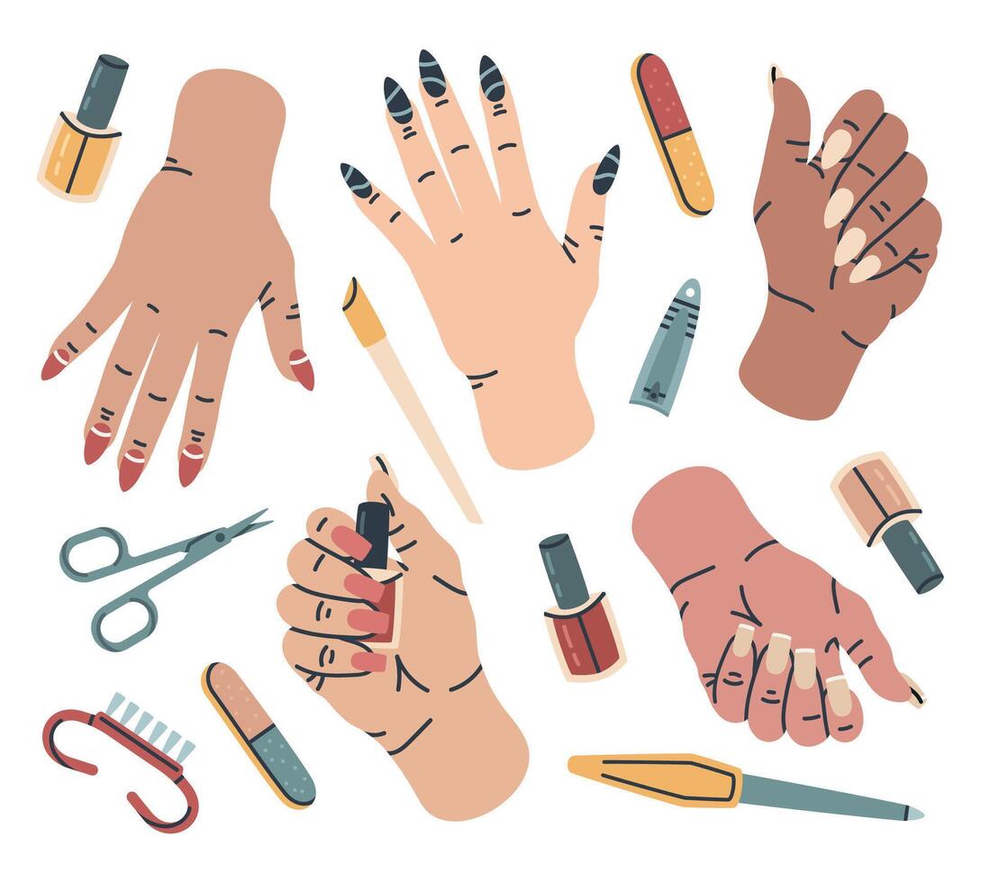 mano disegnato femmina mani con manicure Accessori. mano cura manicure attrezzatura, chiodo polacco forbici e chiodo file cartone animato vettore illustrazione impostare. manicure utensili