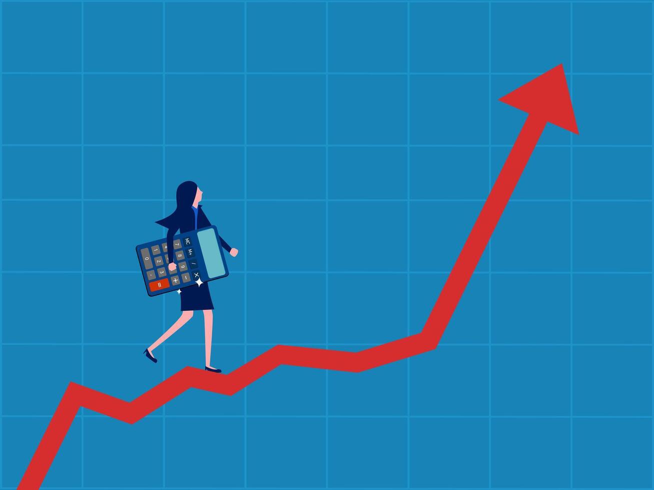 strategia per fabbricazione profitti. donna d'affari Tenere un' calcolatrice passeggiate su su un' in crescita grafico vettore