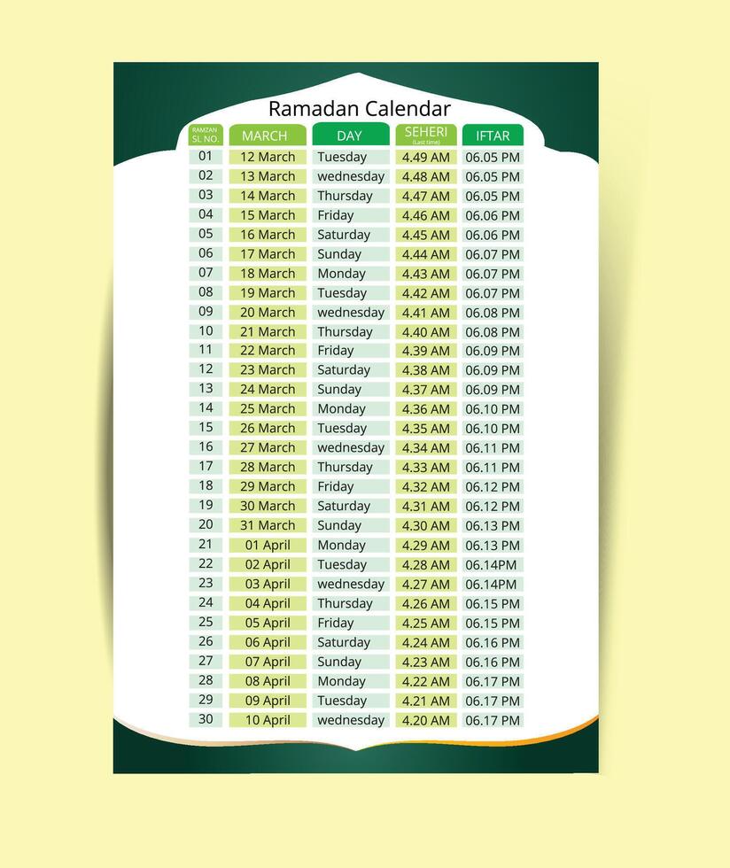 Ramadan kareem tempismo calendario imsakia Ramadan programma per preghiera volte nel Ramadan progettista vettore