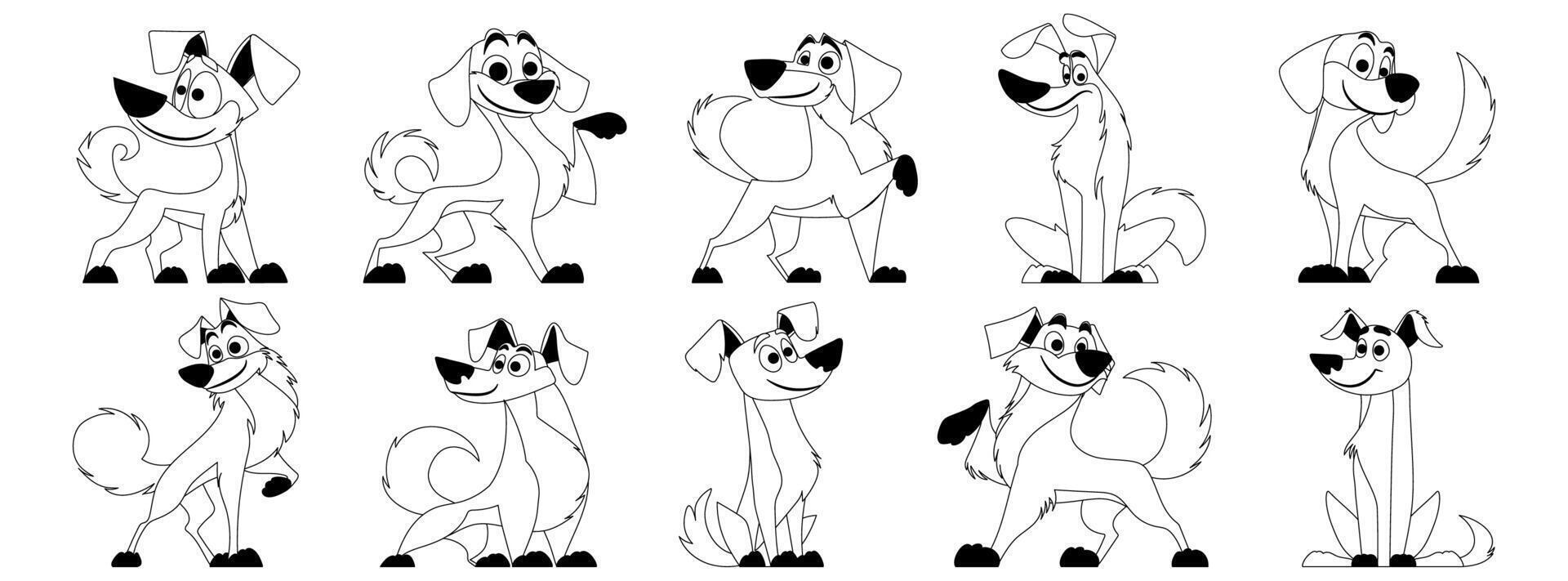 carino cani vettore impostato nero lineare stile. cane o cucciolo personaggi creare un' collezione di piatto colore nel diverso pose. impostato di divertente animali domestici.