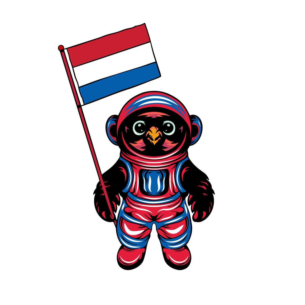 cartone animato aquila nel un' spazio completo da uomo Tenere un' Olanda bandiera vettore