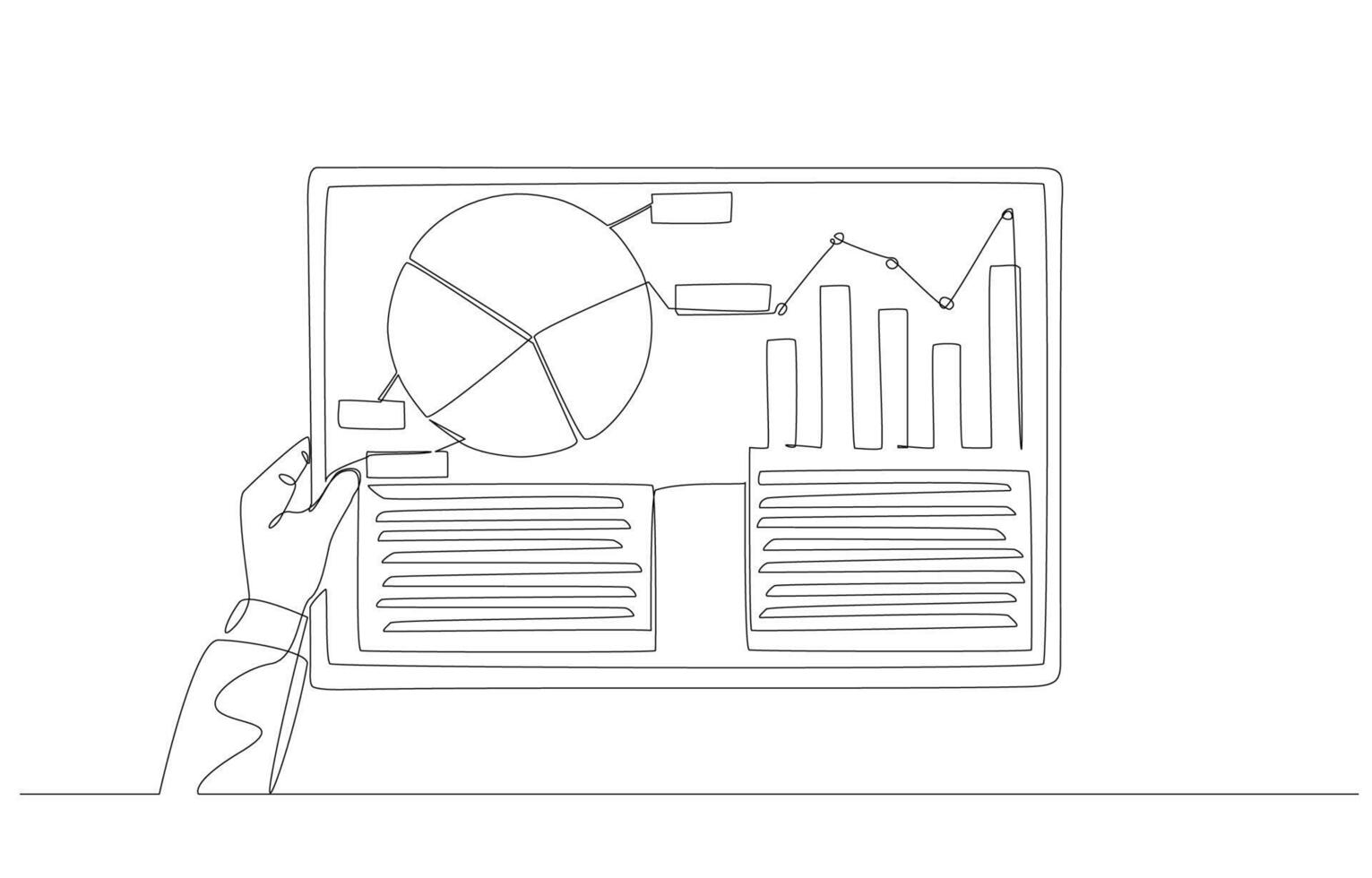 continuo uno linea disegno di mano Tenere statistico rapporto grafico, attività commerciale dati analisi, marketing ricercando concetto, singolo linea arte. vettore