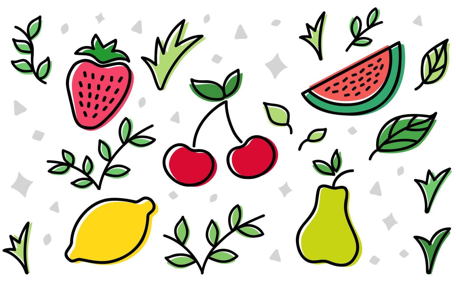 un' impostato di colorato frutta nel piatto disegnato a mano stile. salutare dieta concetto. un' mescolare di succoso frutta. vettore