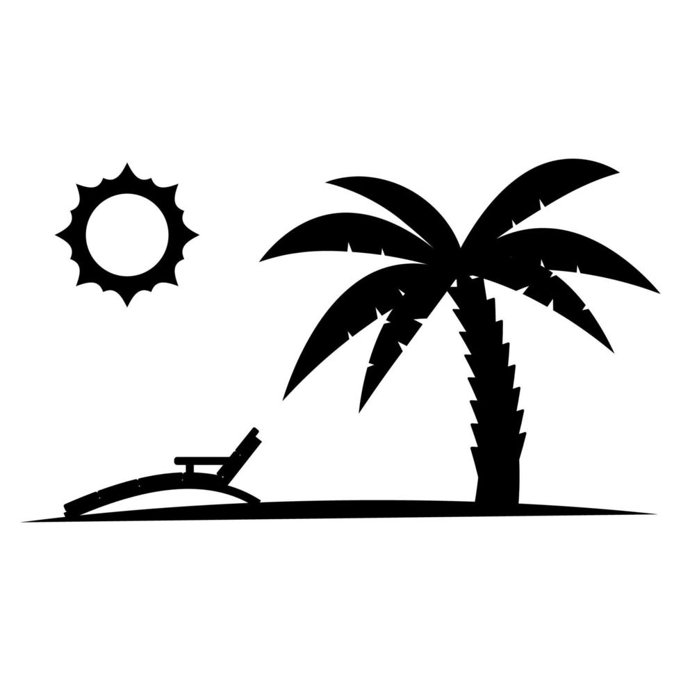 palma con sole di colore nero. icona del glifo, rilassa. palma sulla spiaggia con sonbed. floreale tropicale. logotipo estivo. icona di vacanza. vettore