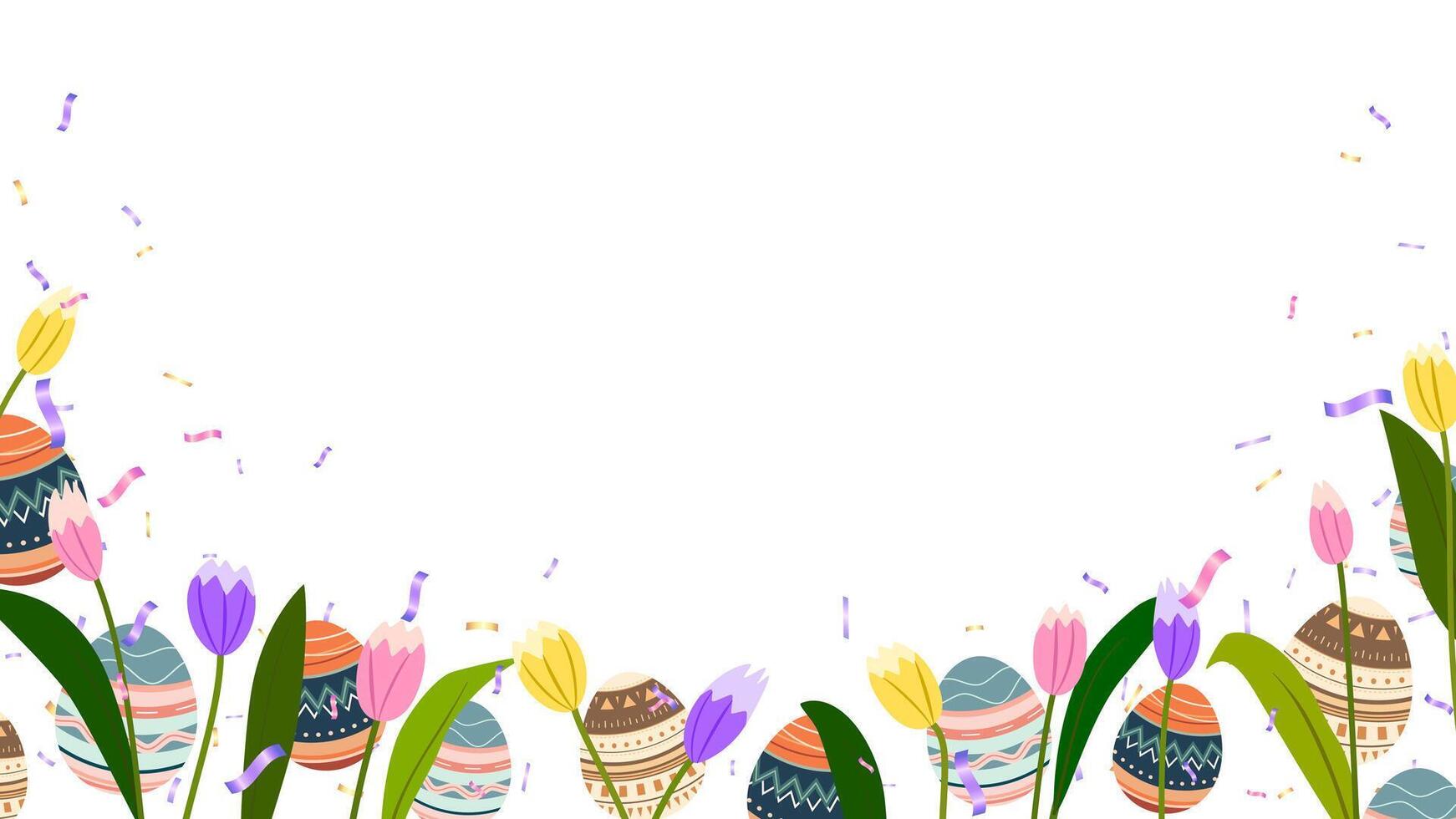 bandiera Pasqua dipinto uova, tulipani e coriandoli colorato decorazione elementi. primavera volta, aprile vettore