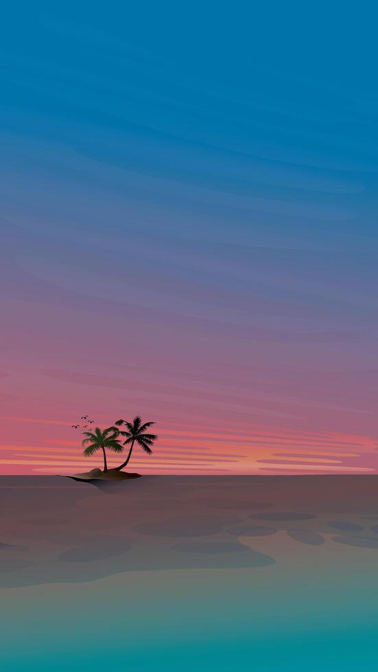 tramonto a il oceano con piccolo tropicale isola e palma alberi piatto design. viaggio concetto vettore illustrazione verticale sfondo.