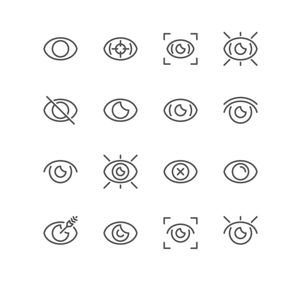 impostato di occhio e Visualizza relazionato icone, modificabile pittogrammi isolato su un' bianca sfondo di moda schema simboli per mobile applicazioni e ragnatela siti design lineare varietà vettori. vettore