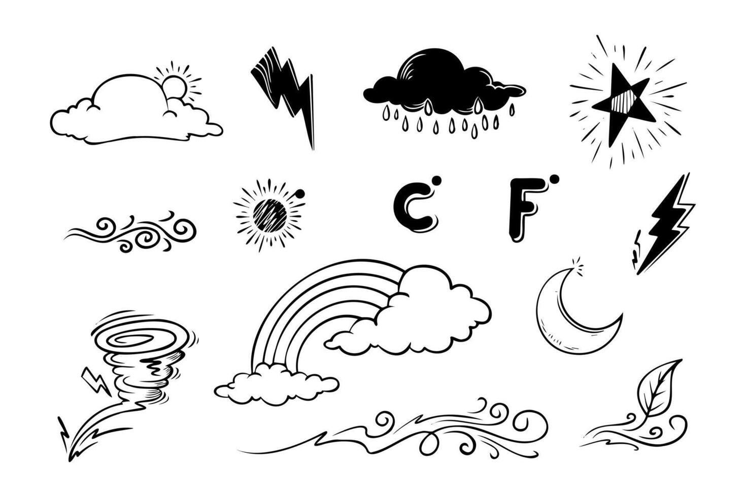 insieme vettoriale di elementi di doodle meteo, per scopi di progettazione