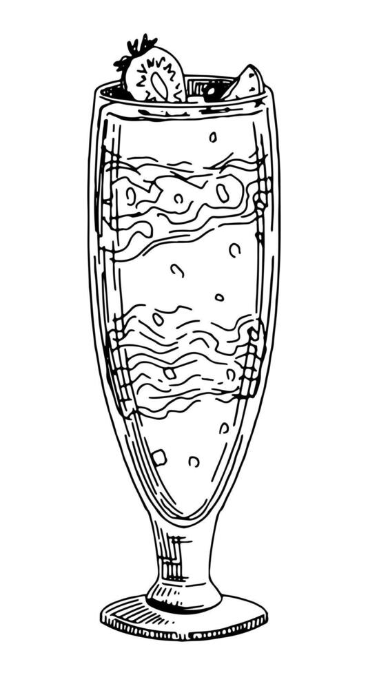 frappè con frutti di bosco, ghiaccio crema nel bicchiere. singolo schizzo di dolce cibo, dolce. mano disegnato vettore illustrazione nel retrò stile. schema clipart isolato su bianca sfondo.