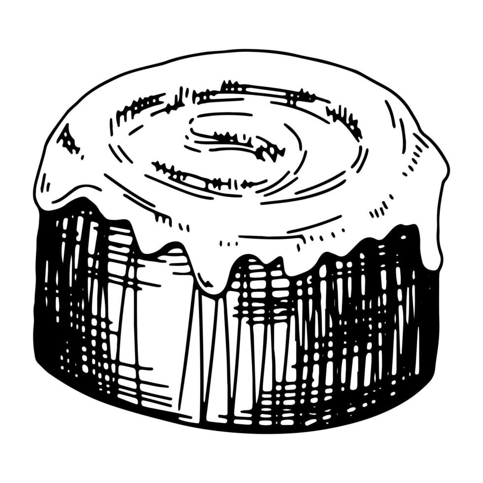 cannella panino. singolo schizzo di dolce cibo, dolce. mano disegnato vettore illustrazione nel retrò stile. schema clipart isolato su bianca sfondo.