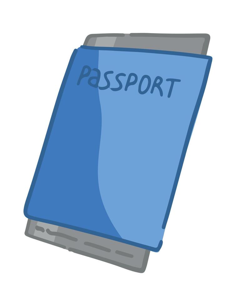 passaporto e Biglietti scarabocchio. clipart di viaggio, viaggio attributo. cartone animato vettore illustrazione isolato su bianca.