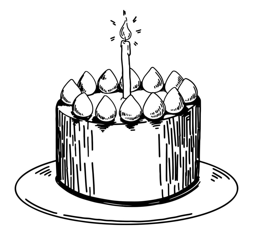 piccolo torta con candela. dolce poco dolce, carino, gustoso vacanza regalo. mano disegnato vettore illustrazione nel retrò stile. schema clipart isolato su bianca.