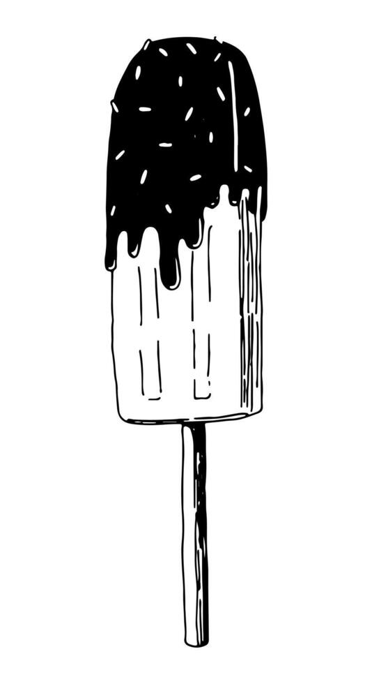 cioccolato ghiaccio crema su un' bastone. singolo schizzo di dolce cibo, dolce. mano disegnato vettore illustrazione nel retrò stile. schema clipart isolato su bianca sfondo.