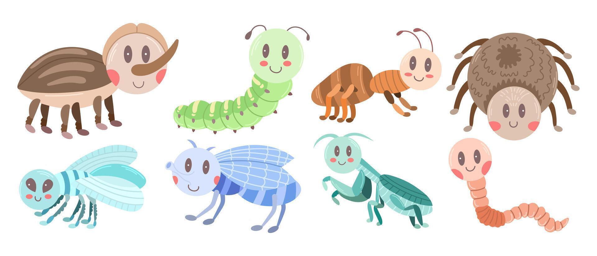cartone animato impostato con diverso insetti - ragno, volare, zanzara, formica, mantide, verme, bruco. vettore illustrazione