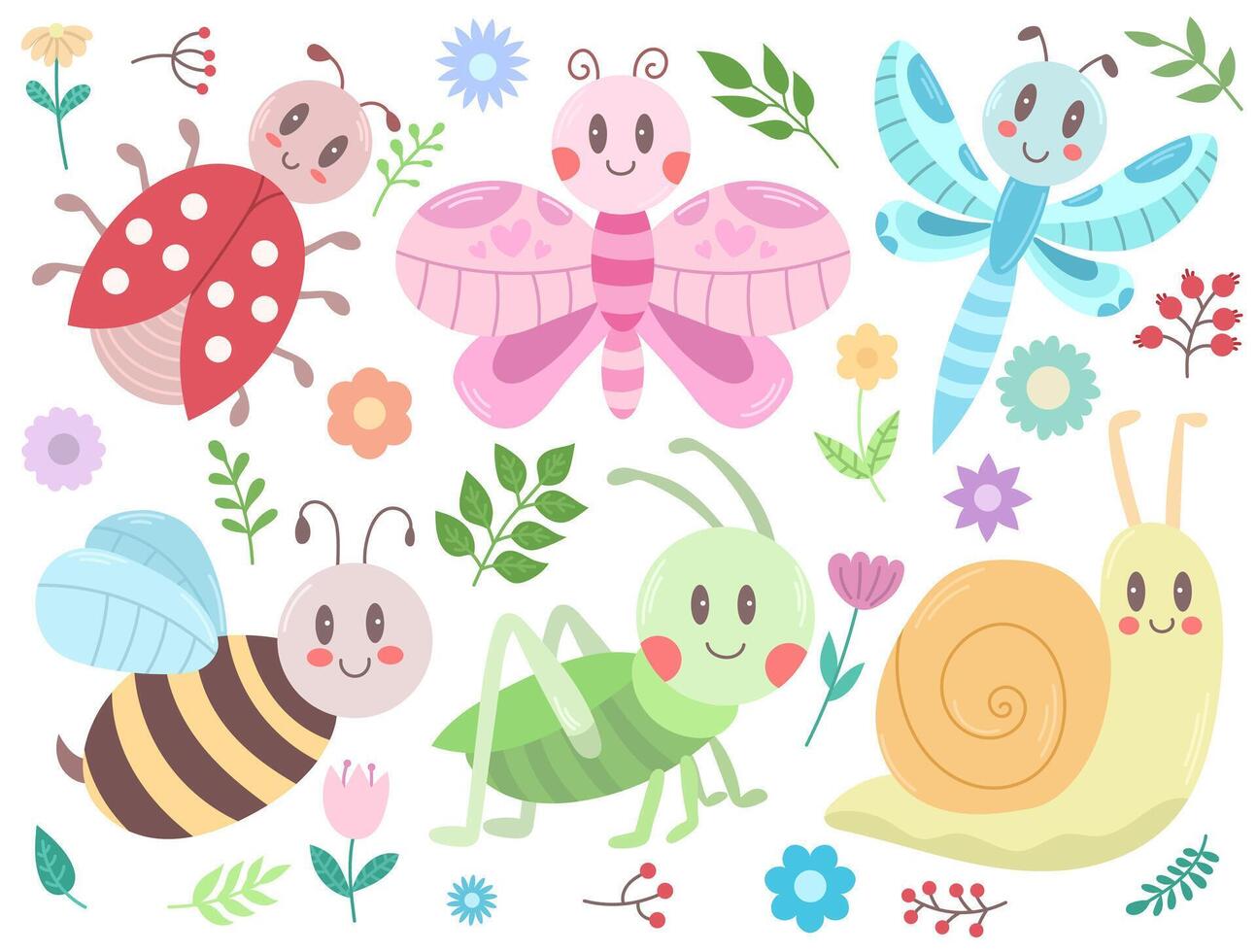 impostato con carino kawaii insetti, fiori e ramoscelli con le foglie - coccinella, cavalletta, ape, lumaca, la farfalla, libellula. vettore illustrazione, facile per modificare