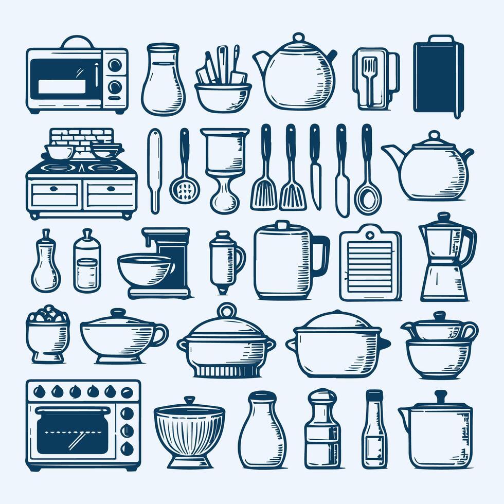 cucina impostato linea arte monocromatico vettore