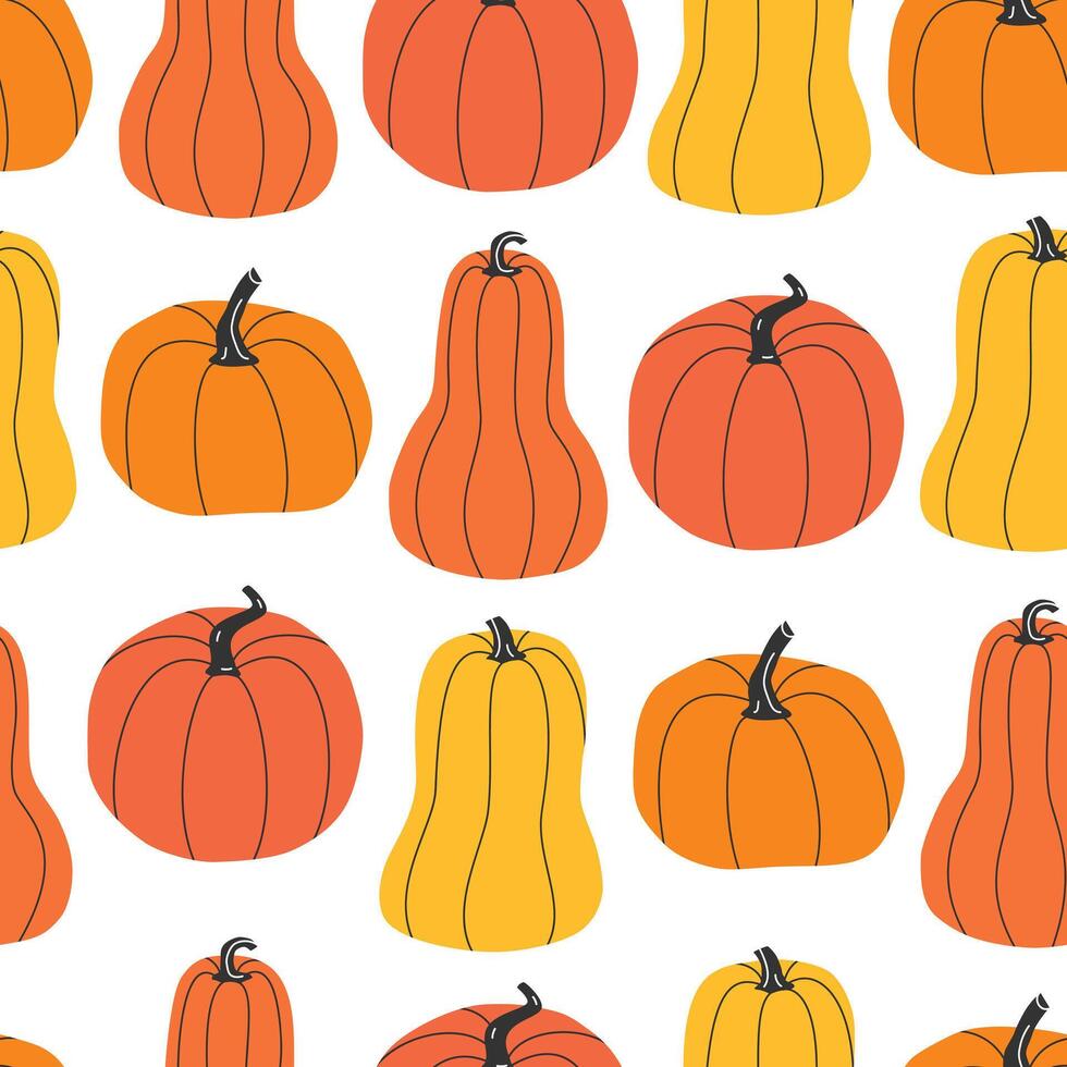 mano disegnato carino autunno senza soluzione di continuità modello con vario zucche. piatto vettore Halloween e ringraziamento Stampa design nel scarabocchio stile. ripetuto sfondo autunno raccogliere involucro o sfondo.