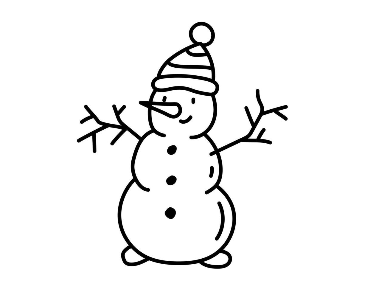 mano disegnato cartone animato illustrazione di schema sorridente pupazzo di neve con cappello. carino infantile Natale scarabocchio carattere. piatto vettore inverno etichetta, icona o Stampa. isolato su bianca sfondo.