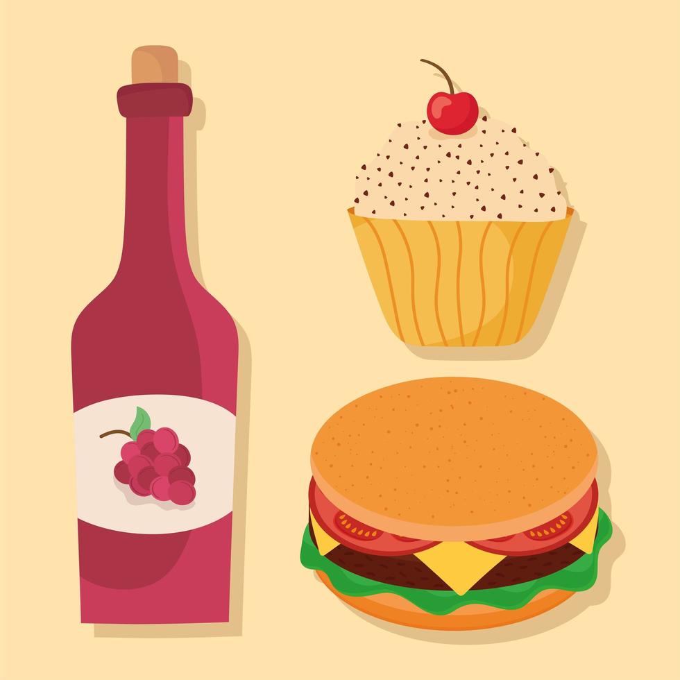 bottiglia di vino, hamburger e cupcake vettore