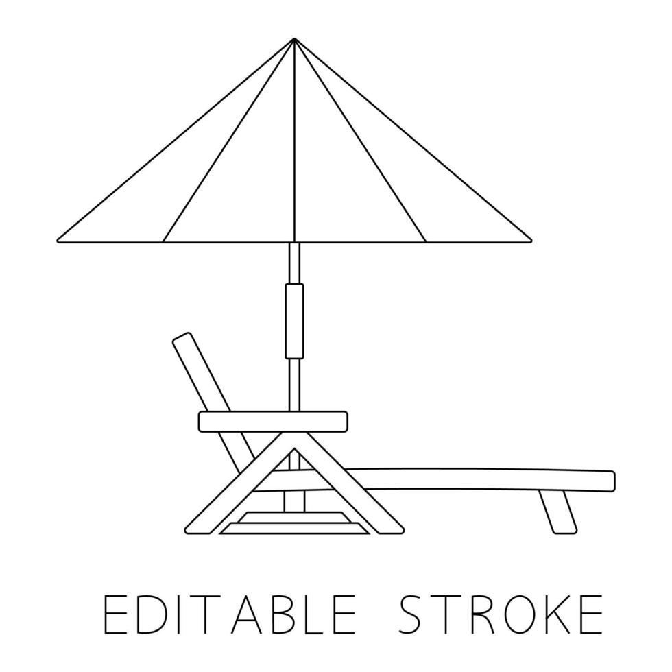 sdraio, lettino o lettino con ombrellone. contorno, vettore di corsa modificabile. icona lineare ombrellone da spiaggia o piscina con lettino. simbolo di contorno