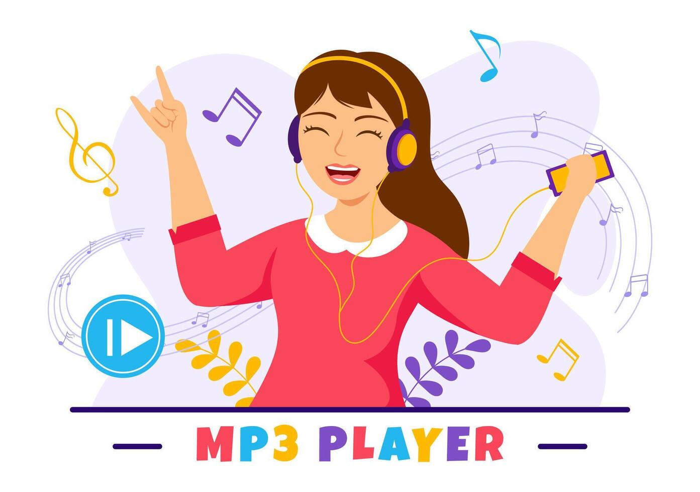 mp3 giocatore vettore illustrazione con musicale notazione, cuffia, cuffia e Telefono di musica ascoltando dispositivi nel mobile App su piatto sfondo
