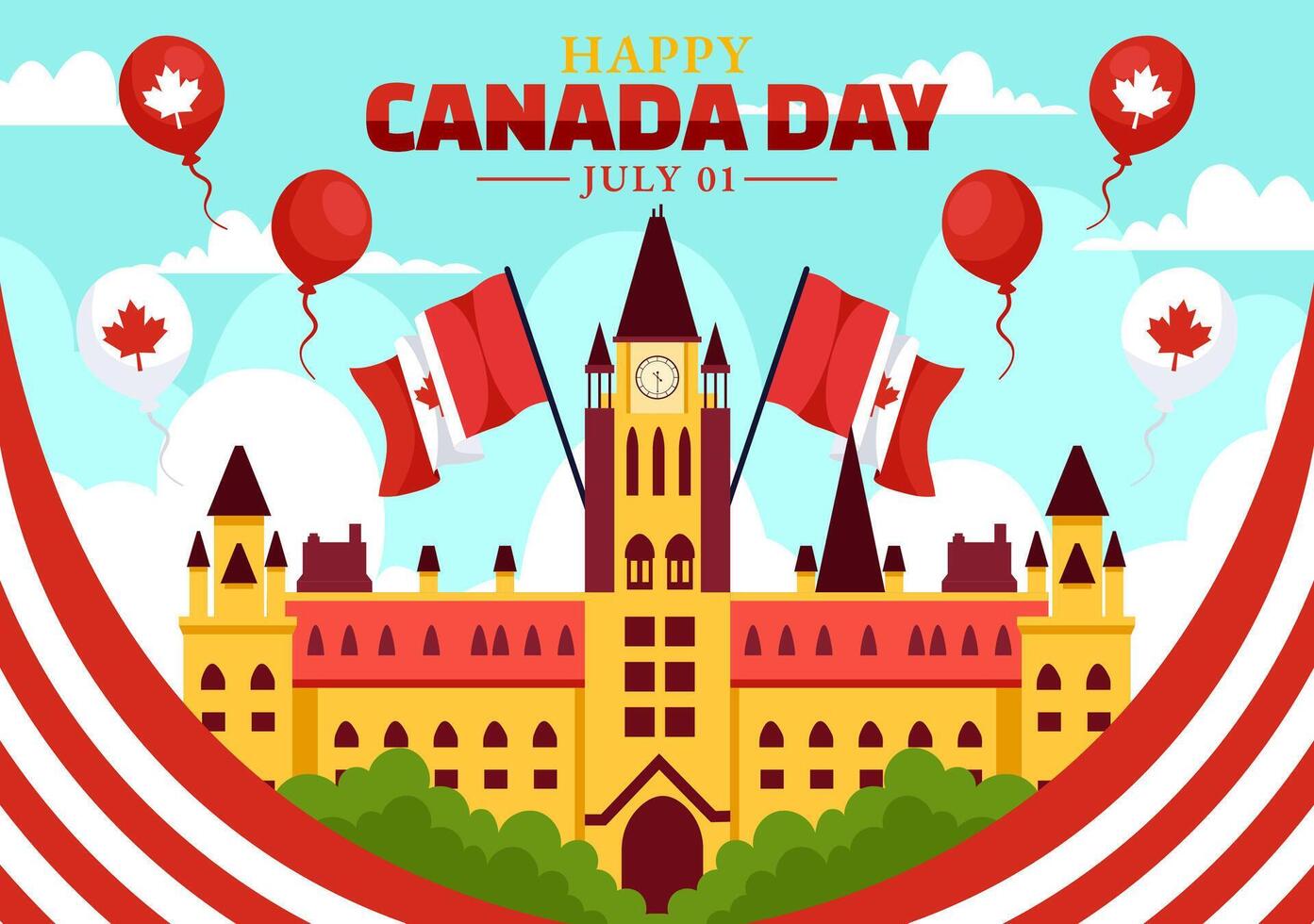 contento Canada giorno vettore illustrazione celebrazione nel 1 ° luglio con acero, carta geografica e nastro nel nazionale vacanza piatto cartone animato sfondo