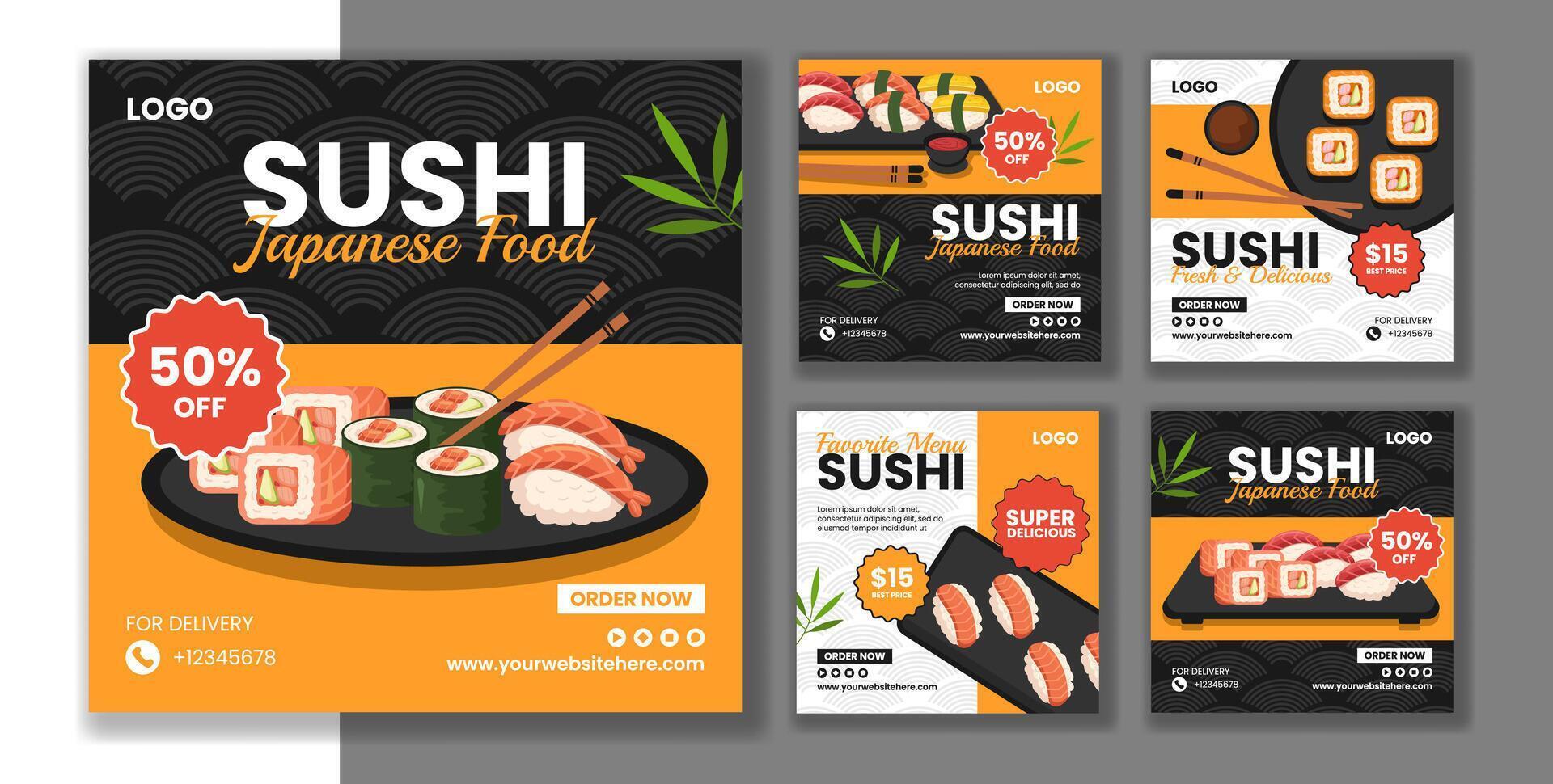 Sushi giapponese cibo sociale media inviare piatto cartone animato mano disegnato modelli sfondo illustrazione vettore