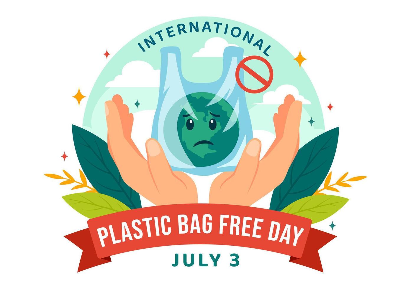 internazionale plastica Borsa gratuito giorno vettore illustrazione su 3 luglio con partire verde, Salva terra e oceano nel eco stile di vita piatto cartone animato sfondo