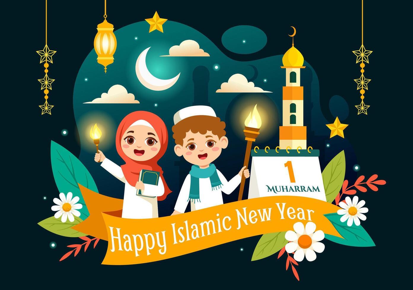 contento Muharram vettore illustrazione di festeggiare islamico nuovo anno con moschea, Luna e lanterna concetto nel piatto bambini cartone animato sfondo