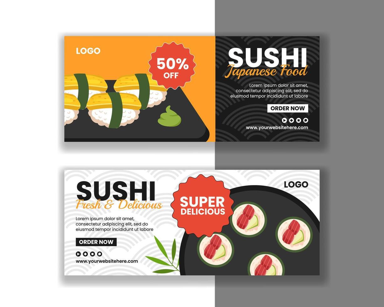 Sushi giapponese cibo orizzontale bandiera piatto cartone animato mano disegnato modelli sfondo illustrazione vettore