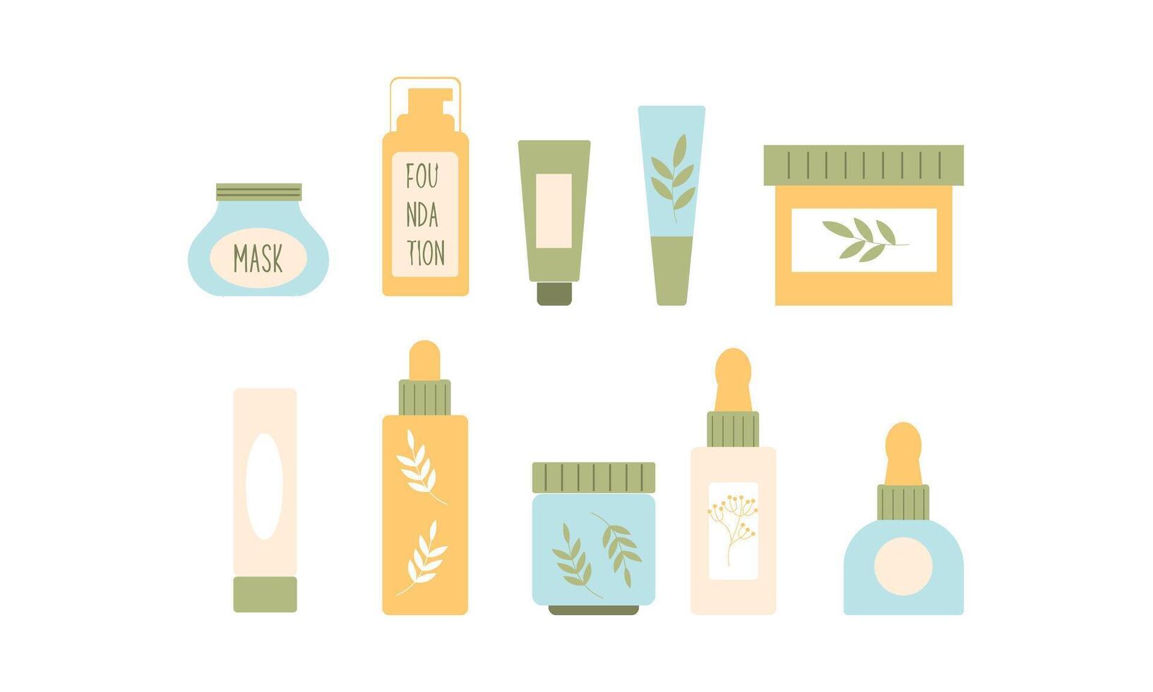 naturale biologico cosmetici per pelle nel colorato bottiglie, tubi, barattoli vettore piatto illustrazione