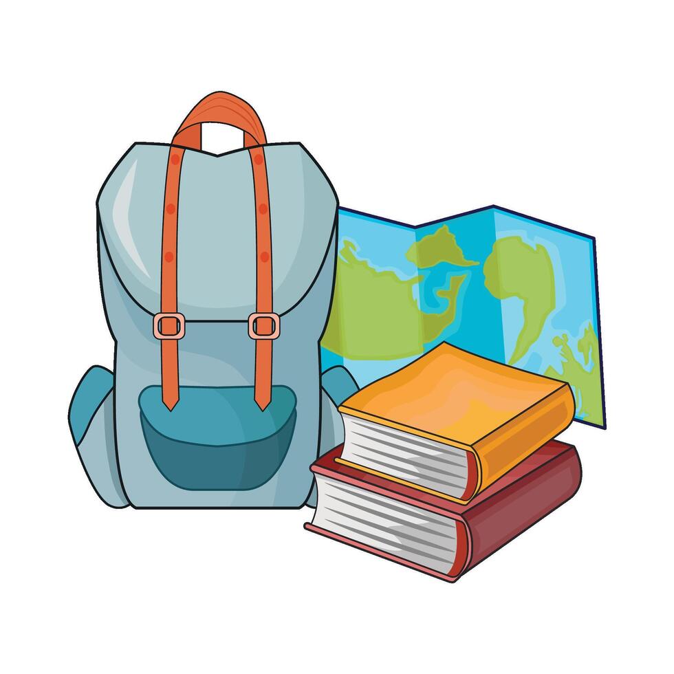 illustrazione di zaino con libro e carta geografica vettore