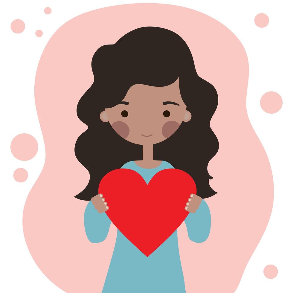 carino nero ragazza con un' rosso cuore piatto illustrazione vettore