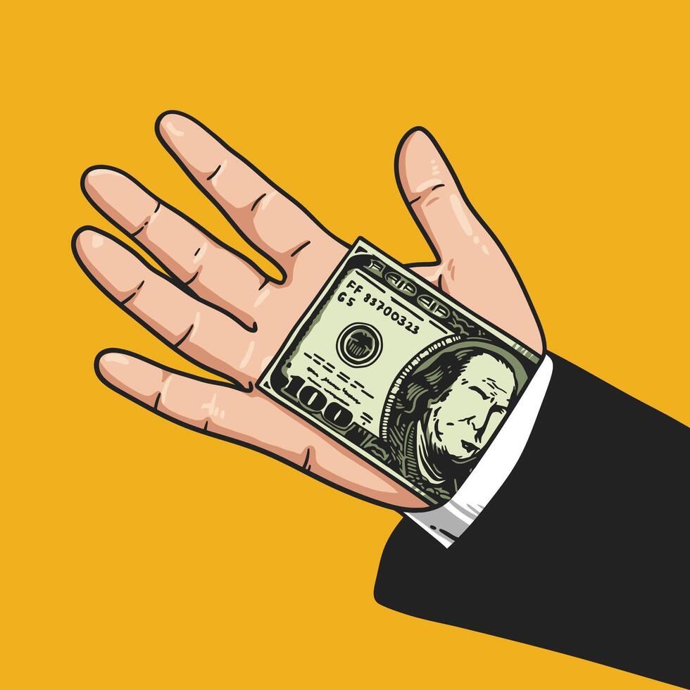 grafico illustrazione di un' mano presentazione un' 100 dollaro conto su un' vivido giallo sfondo vettore