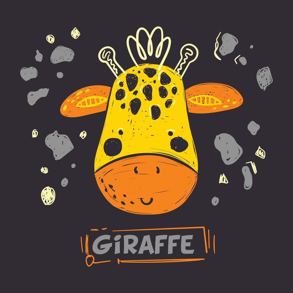 mano disegnato illustrazione di un' sorridente cartone animato giraffa con un' capriccioso toccare su un' buio fondale vettore