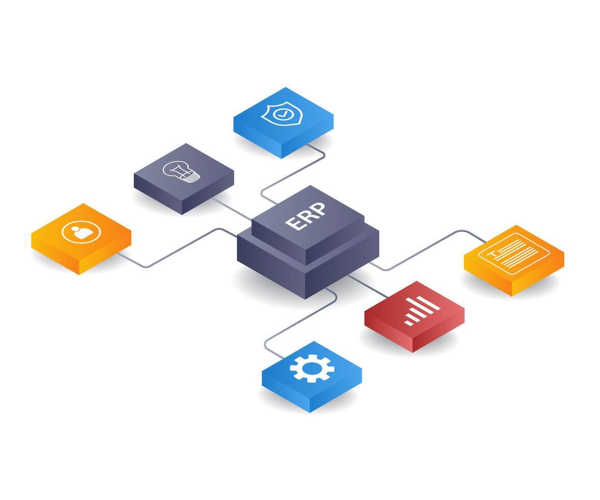 erp Rete gestione infografica, piatto isometrico 3d illustrazione vettore