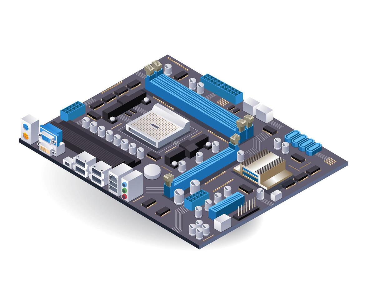 alto velocità computer scheda madre piatto isometrico 3d illustrazione vettore