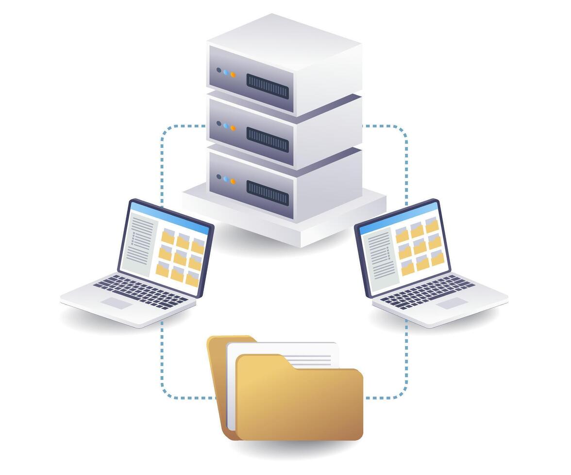 dati trasferimento fra computer server concetto, piatto isometrico 3d illustrazione vettore