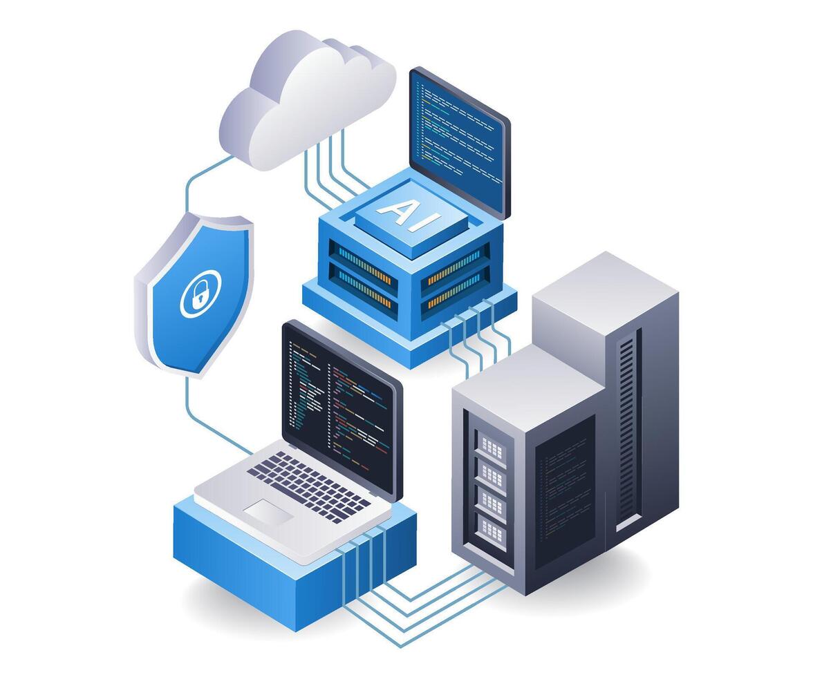 computer tecnologia nube server artificiale intelligenza dati concetto, piatto isometrico 3d illustrazione vettore