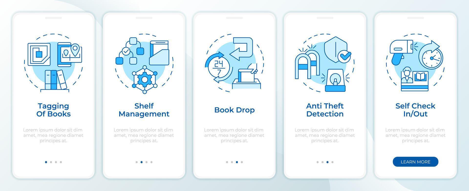 libro memorizzare sicurezza le misure blu onboarding mobile App schermo. Procedura dettagliata 5 passaggi modificabile grafico Istruzioni con lineare concetti. ui, ux, gui modello. montserrat semigrassetto, regolare font Usato vettore