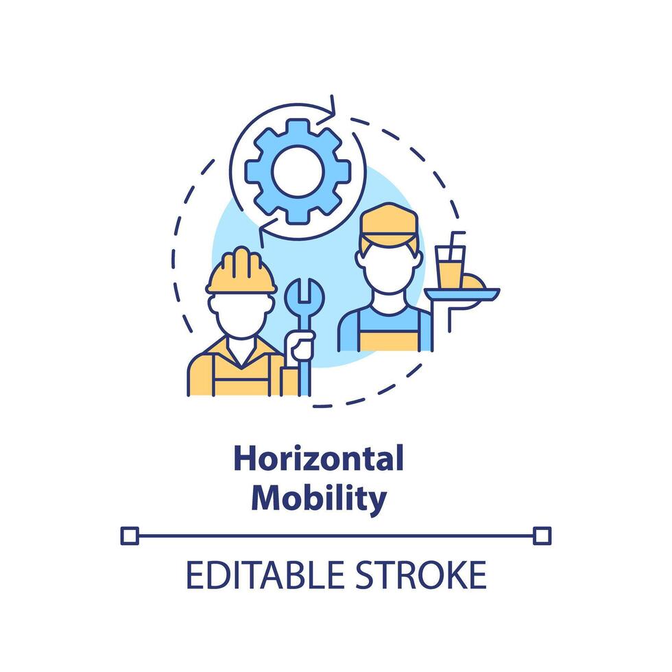 orizzontale mobilità Multi colore concetto icona. mutevole occupazione. stesso sociale livello. Lavorando classe. carriera modificare. il giro forma linea illustrazione. astratto idea. grafico design. facile per uso vettore