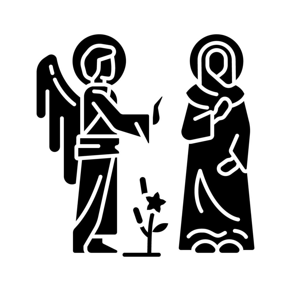 Annunciazione nero glifo icona. vergine Maria con angelo Gabriele. Maria diventa madre di Gesù Cristo. biblico scena. silhouette simbolo su bianca spazio. solido pittogramma. vettore isolato illustrazione
