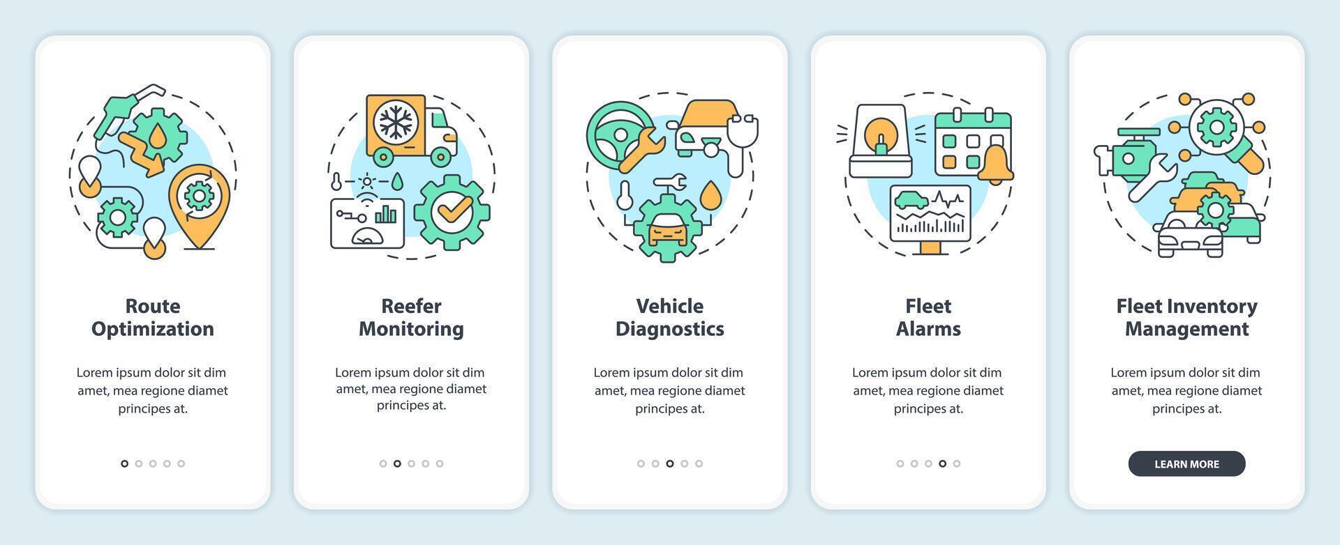 veicolo monitoraggio onboarding mobile App schermo. carburante gestione. Procedura dettagliata 5 passaggi modificabile grafico Istruzioni con lineare concetti. ui, ux, gui modello vettore