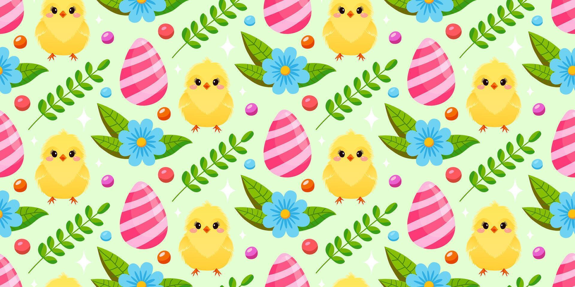 carino floreale Pasqua modello con giallo polli e colorato uova. il allegro Pasqua design per sfondo, digitale carta, sfondo, tessuto. senza soluzione di continuità modello. vettore illustrazione.