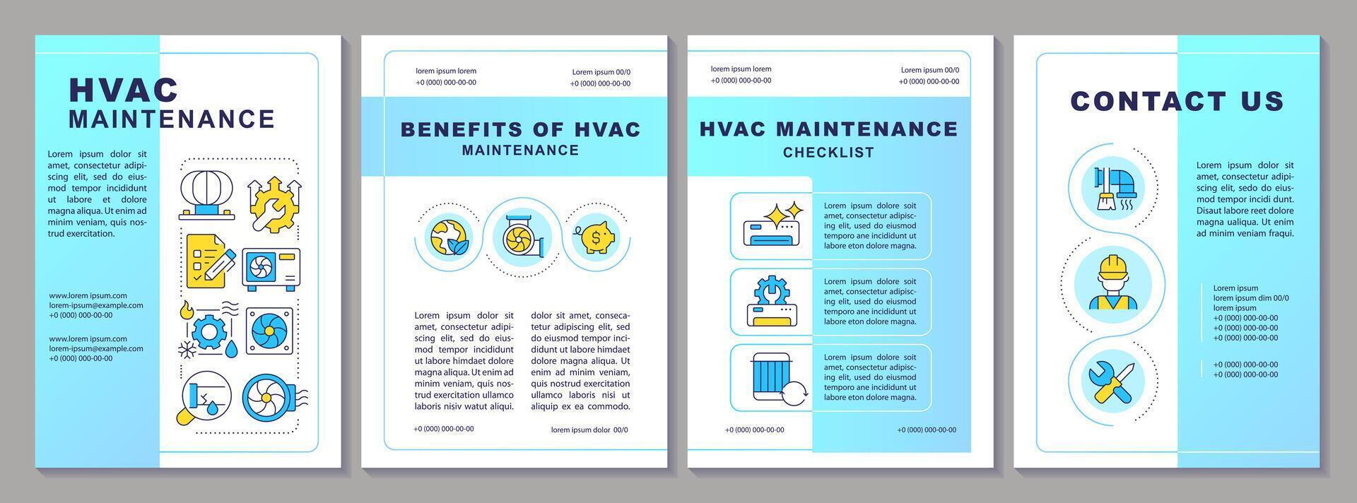 HVAC Manutenzione blu pendenza opuscolo modello. volantino design con lineare icone. modificabile 4 vettore layout per presentazione, annuale rapporti