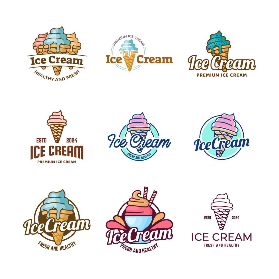 impostato di ghiaccio crema negozio logo badge e etichette, gelateria segni. logotipi per caffetteria o sbarra. vettore