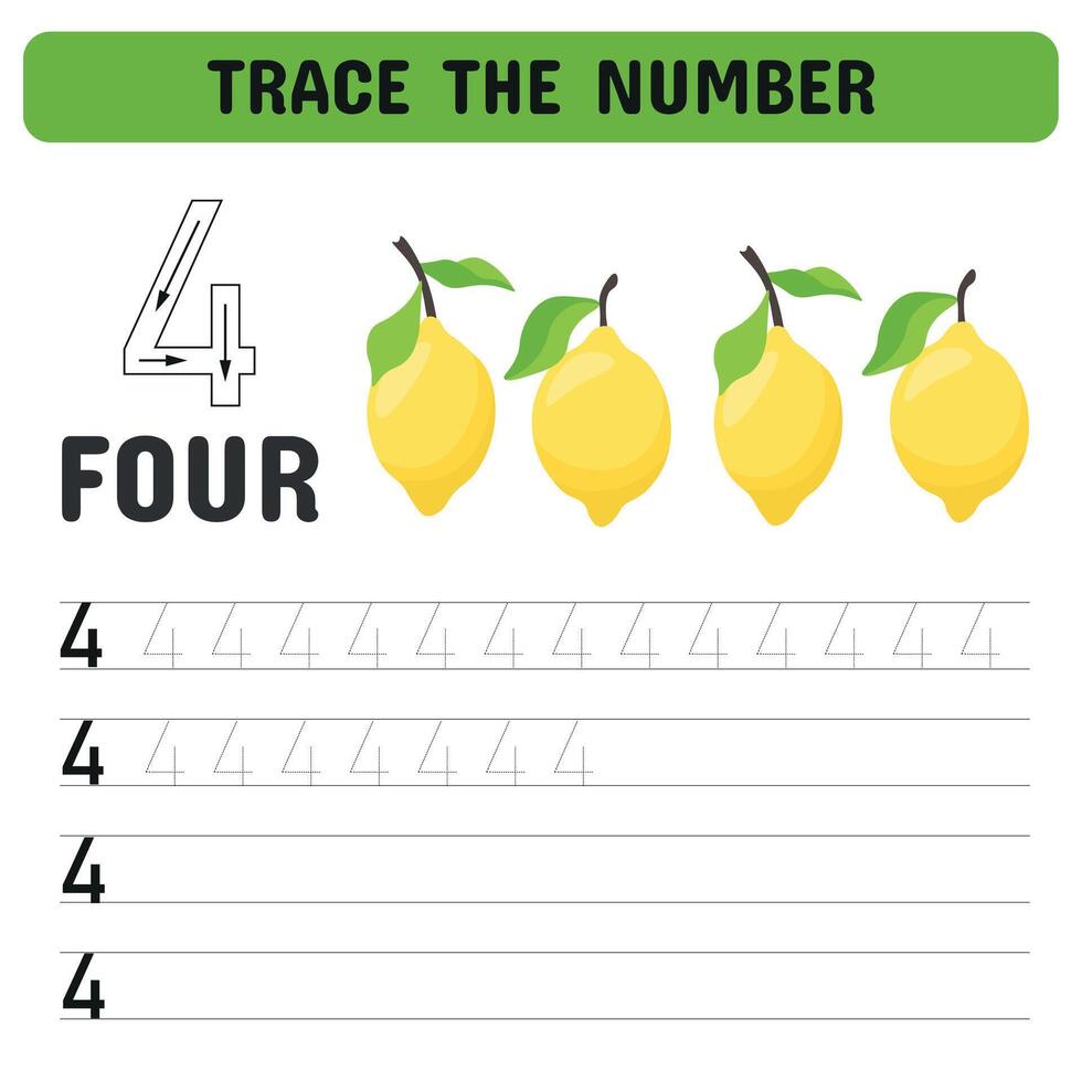 carte per apprendimento il numero 4 con frutta. carte per scuola materna con numeri, apprendimento e scrittura numeri. educativo figli di gioco, stampabile foglio. vettore illustrazione