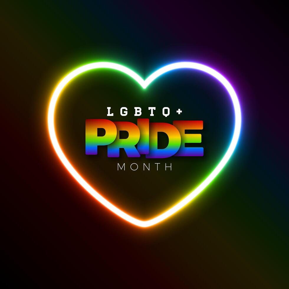 orgoglio mese LGBTQ illustrazione con raggiante arcobaleno neon leggero cuore e carta etichetta su nero sfondo. amore è amore umano diritti o diversità concetto. vettore lgbt evento bandiera design per cartolina